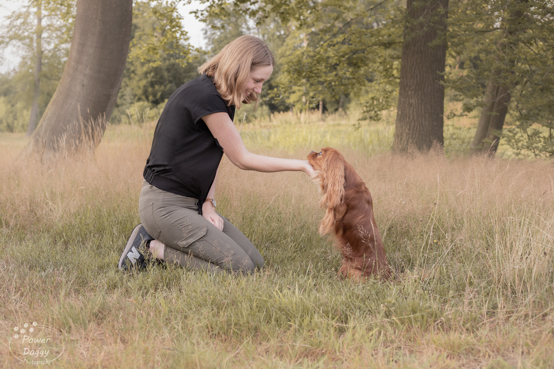foto van een de fotograaf en haar bruine hondje welke zijn hoofd in haar handen legt